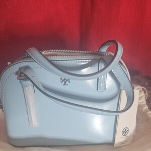 Tory Burch Emerson Patent Dome Satchel Light Celeste $378